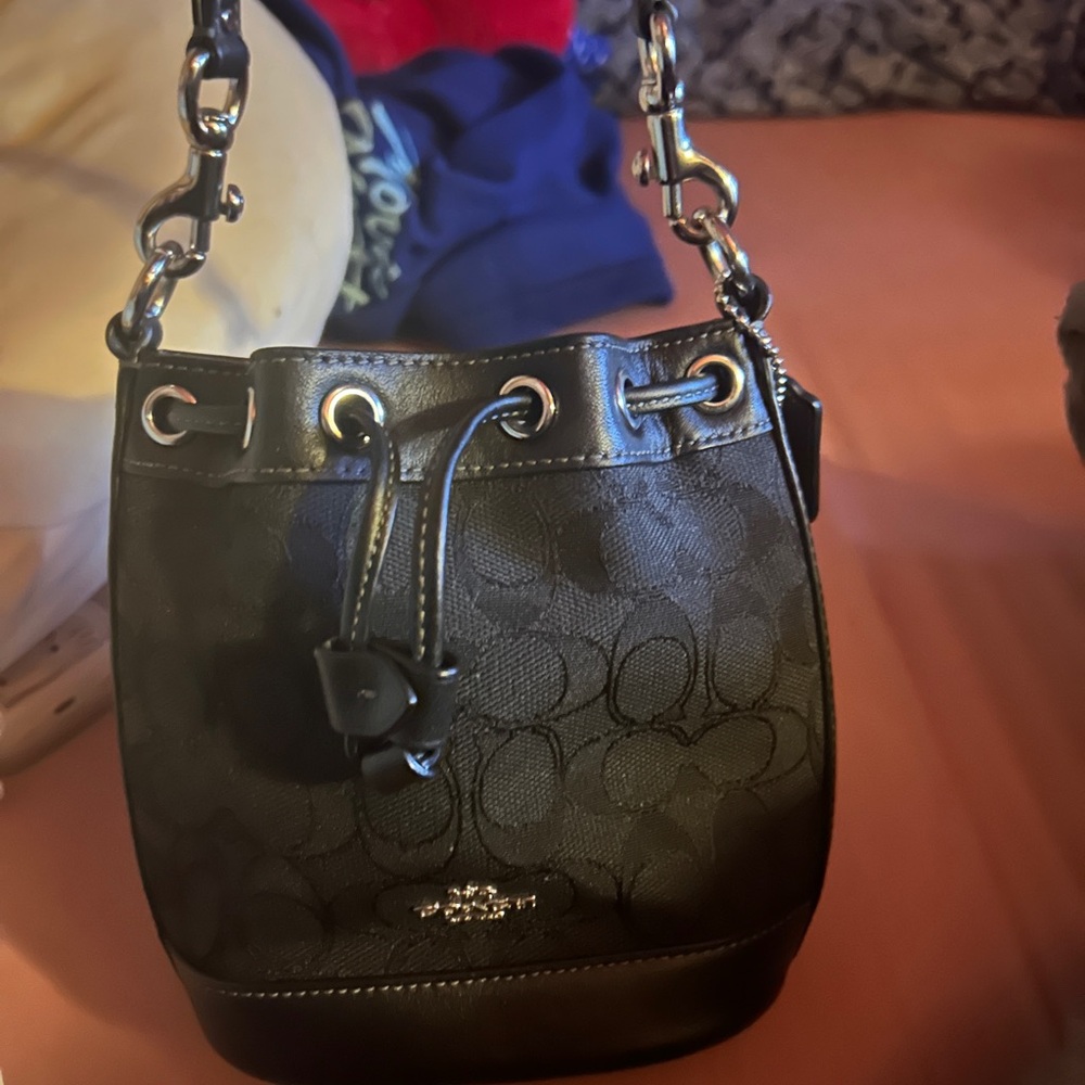 Coach Black Signature Drawstring Mini Bucket Bag